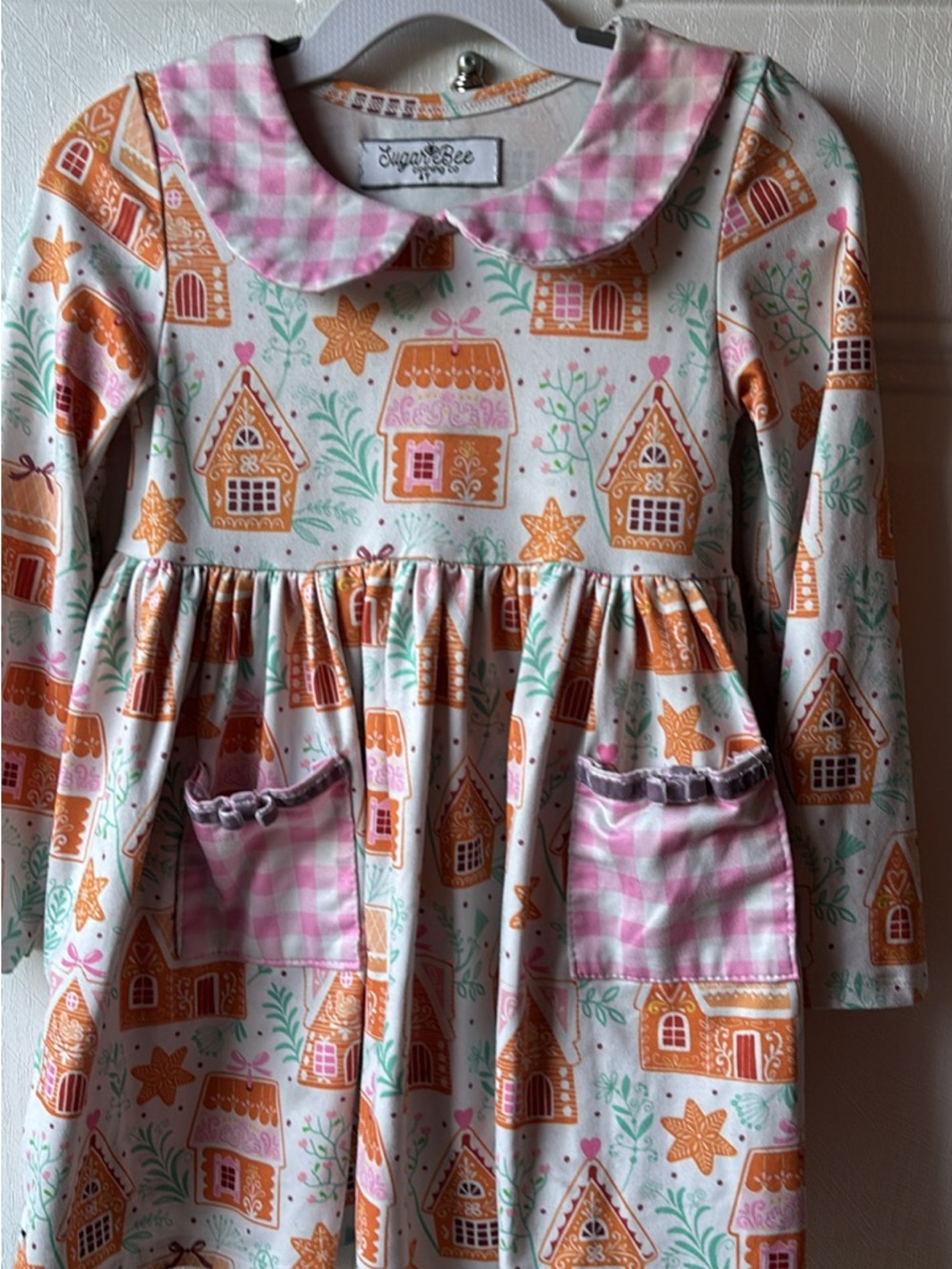Pink Gingham Collar Gingerbread Print Kids Casual Dress